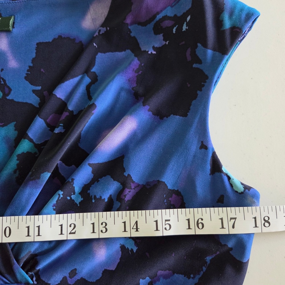 Lauren Ralph Lauren Blue Purple Abstract Floral Ruched Sheath Dress Size 10 - Picture 5 of 11